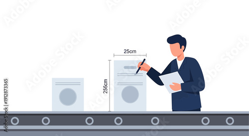 Factory worker inspecting product dimensions on assembly line
