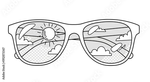 Summer day reflected in sunglasses showing a bright sun and peaceful sky scene