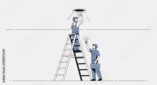 Electricians installing light bulb on ceiling, one on ladder, one holding bulb.