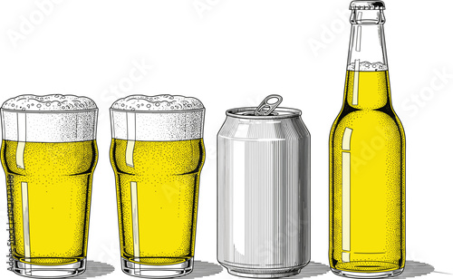 Beer Glasses Aluminum Can and Glass Bottle Hand Drawn Vintage Vector Illustration for Bar Menu Design