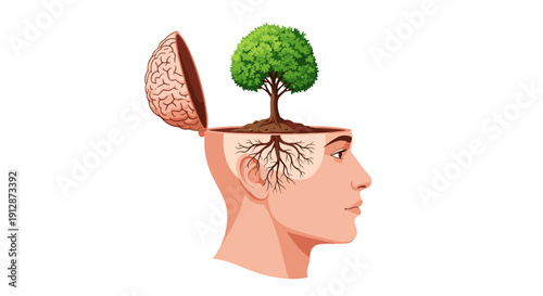 An insightful illustration depicting a human head with an open brain, revealing a vibrant tree growing from its core, symbolizing growth, knowledge, and environmental consciousness.
