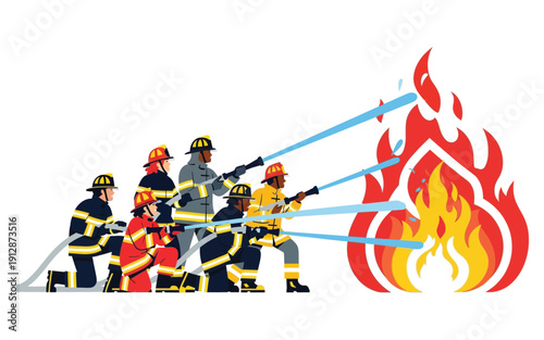 Diverse group of firefighters bravely battling a large fire aiming multiple water streams from their hoses onto the flames Illustrates teamwork and emergency response.