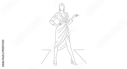 Elegant line art illustration showcasing a woman in stylish dress on runway
