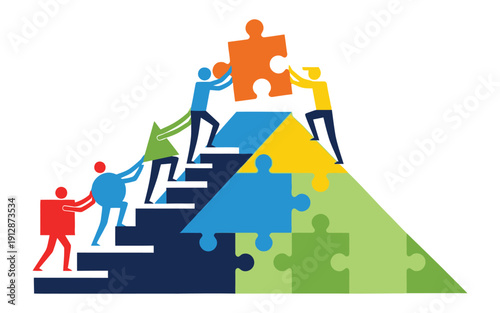 Stylized people collaborate to assemble a staircase of colorful puzzle pieces representing teamwork and progress towards a common goal.