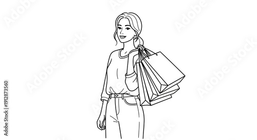 Elegant shopping spree illustration: A young woman with shopping bags enjoying her retail therapy