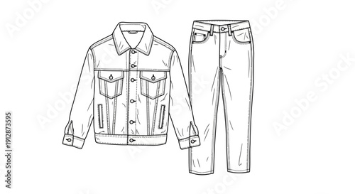 Fashionable denim jacket and jeans outline sketch featuring classic design elements and modern style