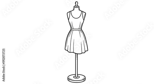 Elegant mannequin showcasing a stylish dress design in a minimalist line drawing aesthetic