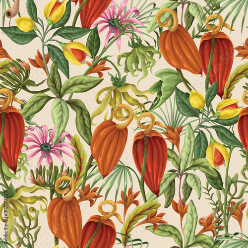 Tropical floral seamless pattern with exotic botanical leaves flowers vintage illustration