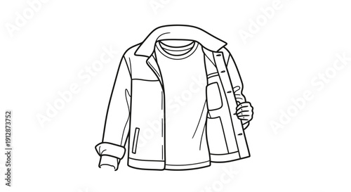 Line art drawing of a jacket and t-shirt suitable for coloring book activity and fashion design