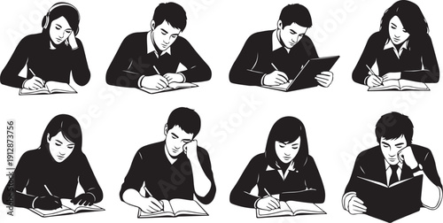 Business people studying and working with various expressions shown