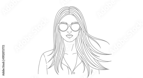 Stylish woman with long hair wearing sunglasses line art drawing illustration style character
