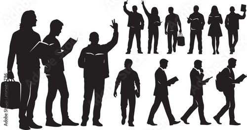 Silhouettes of business people in various professional poses and actions