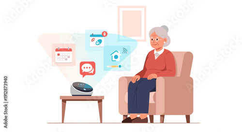 An elderly woman comfortably interacts with a smart home assistant, managing her daily schedule and connected devices with ease.