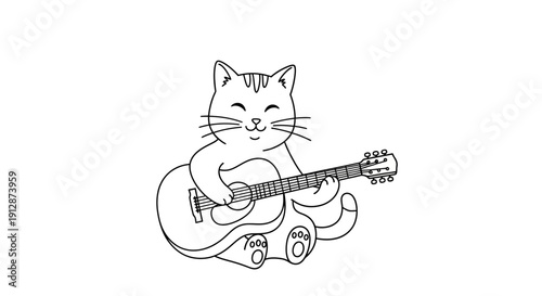 Adorable cartoon cat serenading with an acoustic guitar in a charming design