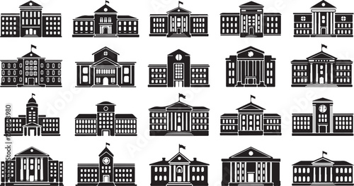 Collection of various building silhouettes in black and white