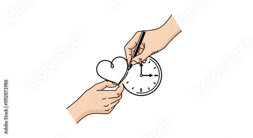 Two hands delicately craft a heart shape from a continuous line, symbolizing the intricate connection between love and the passage of time.