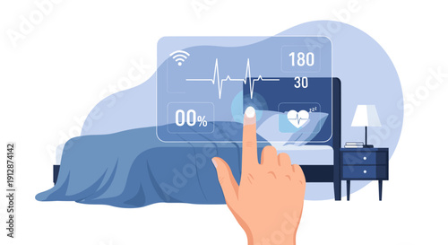 A hand interacts with a futuristic transparent screen displaying vital signs and health data above a bed, illustrating smart home healthcare technology.