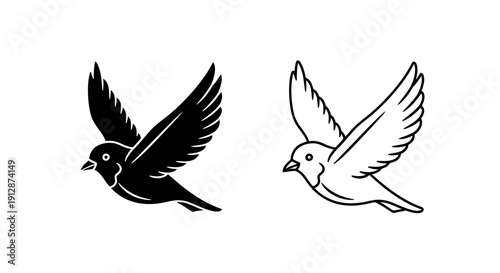 Two birds flying in opposite directions, black and white line art illustration Vector