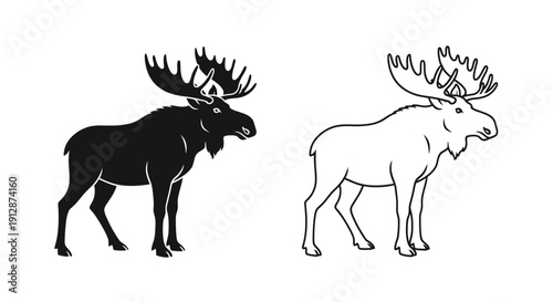 Two moose illustration: black and white moose drawing, wildlife art, nature sketch Vector
