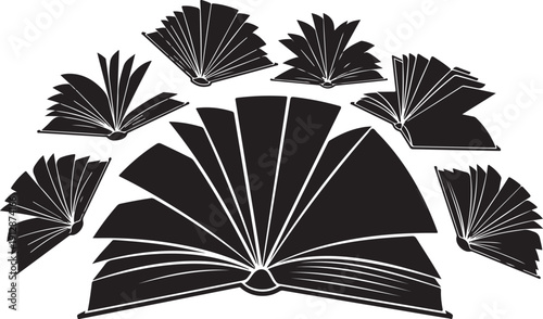 Black and white illustration of flying open books freely