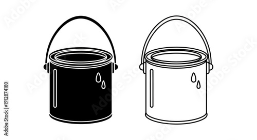 Two metal buckets with handles, one black and one white, isolated on white background Vector