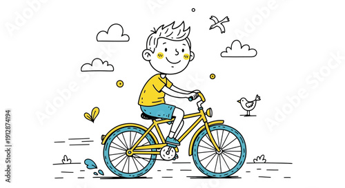 A cheerful illustration of a boy riding his bike on a sunny day surrounded by nature