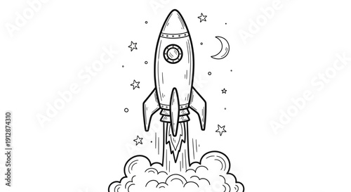 Hand-drawn rocket launching into space with stars and moon adding a touch of whimsy and imagination