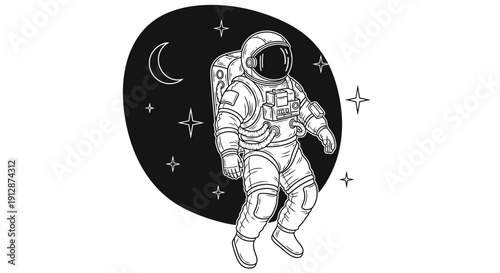 Astronaut in space exploration black and white sketch with moon and stars design