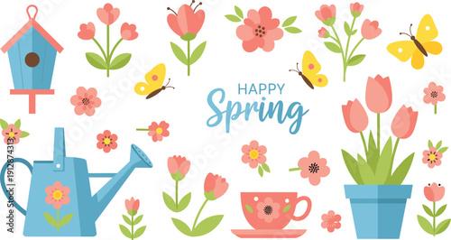 Happy Spring garden vector elements set with flowers, butterflies, birdhouse, watering can, and tea cup, flat vector illustration