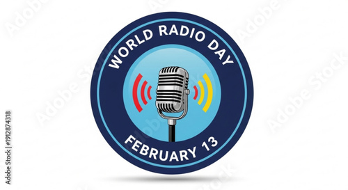 World radio day logo with microphone on february 13 celebrating radio broadcasting and communication