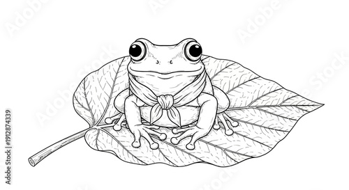 Whimsical frog illustration resting peacefully on a broad leaf with a bandana a charming line art