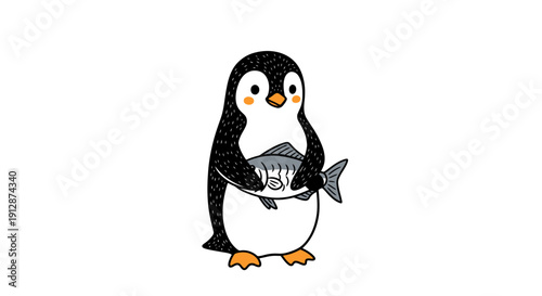 Adorable penguin cartoon character holding a fish illustration for children's book