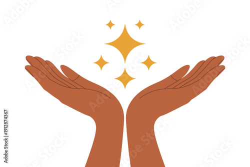 Dark skin hands gently hold bright golden sparkles representing magic.