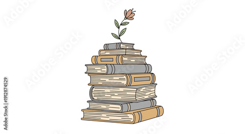 Stack of books with a flower on top symbolizing knowledge and growth of education