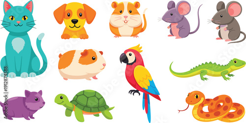 Cute Cartoon Animals Vector Set with Cat Dog Hamster Mouse Parrot Turtle Lizard Snake and Guinea Pig Isolated on White Background