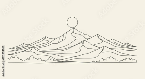Minimalist mountain range with sun illustration, creating a serene and peaceful landscape drawing
