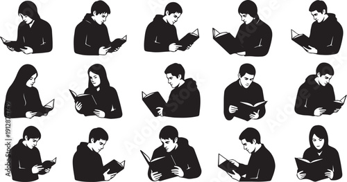 Silhouettes of people reading books in various poses and settings