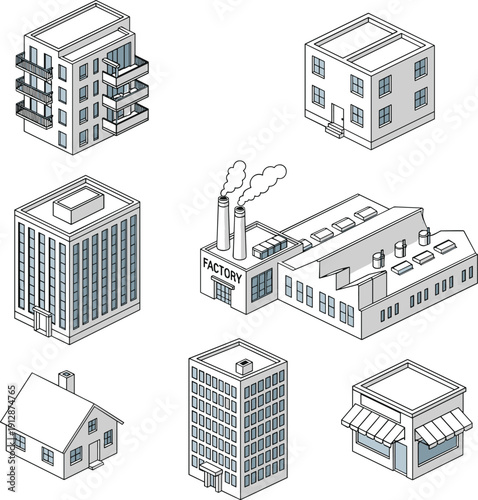 Isometric Building and Factory Vector Set with Office House Shop and Industrial Manufacturing Plant Illustration