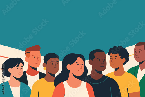 Group of eight diverse people standing together on teal background, symbolizing unity, community, and multicultural inclusion.
