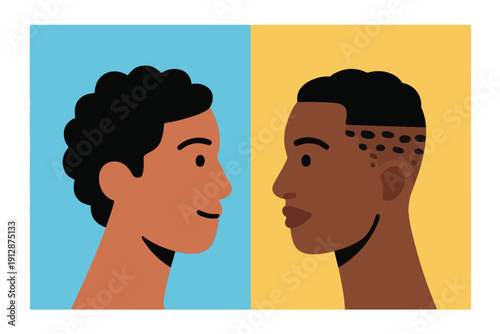 Two diverse profiles facing each other, curly hair and fade haircut with shaved patterns, stylized illustration on blue and yellow backgrounds.