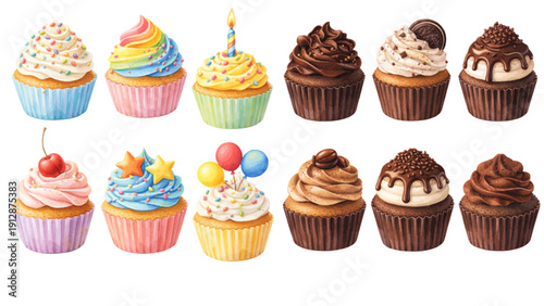 A charming watercolor collection of decorated cupcakes, including pastel frosted vanilla treats, rich chocolate swirl cupcakes, and colorful sprinkles with festive toppers.