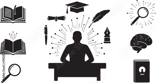 Silhouette of a student with education icons and symbols
