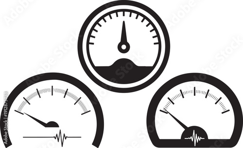 Black and white illustration of three vintage analog gauges and meters