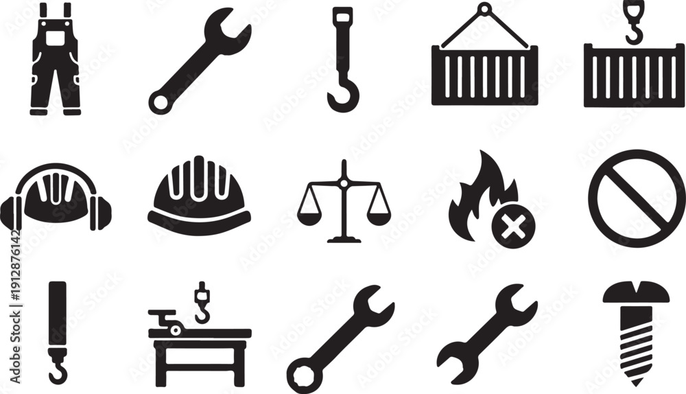 Fototapeta premium Black and white icons depicting construction industry and safety symbols