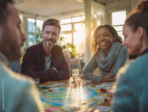 Diverse group of young adult friends enjoying a board game together at home, laughing and having fun while socializing during a casual gathering