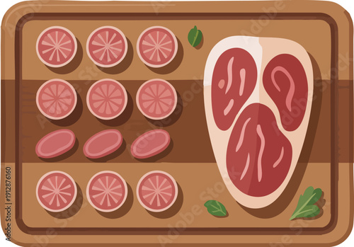 Selection of raw meat cuts on wooden cutting board