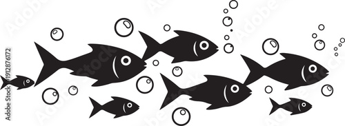 A school of black fish swims amongst bubbles in a minimalist design