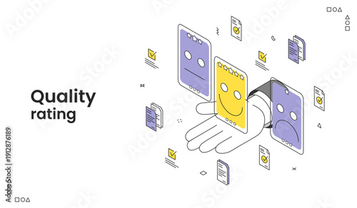 Quality Rating and Customer Satisfaction, Isometric Hand Presenting a Five Star