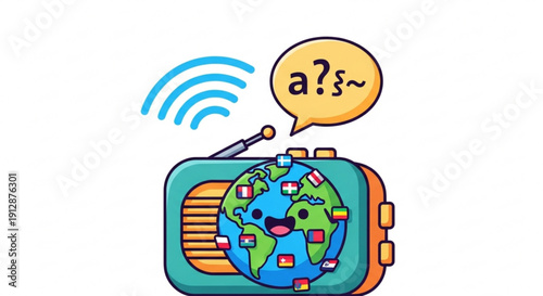 Colorful cartoon globe on vintage radio with speech bubble and wifi signal on white background symbolizing global communication and technology