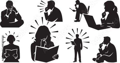 Silhouettes of people working and thinking in various positions